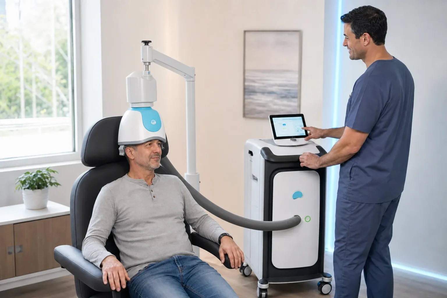 A clinician administering Deep TMS treatment with the BrainsWay 104 System